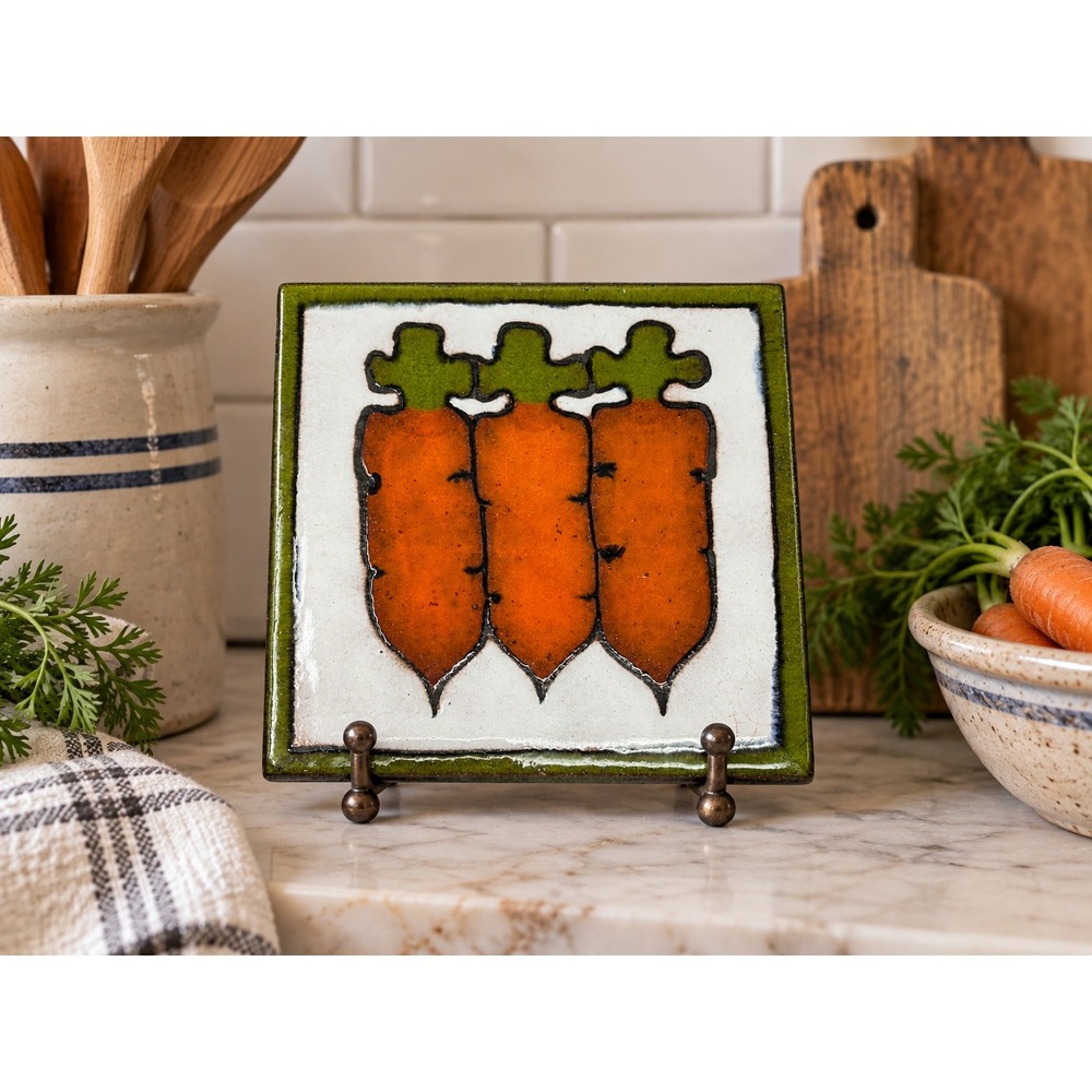 Vintage 6x6 Carrot Tile Trivet Wall Decor Orange Green Kitchen Farmhouse